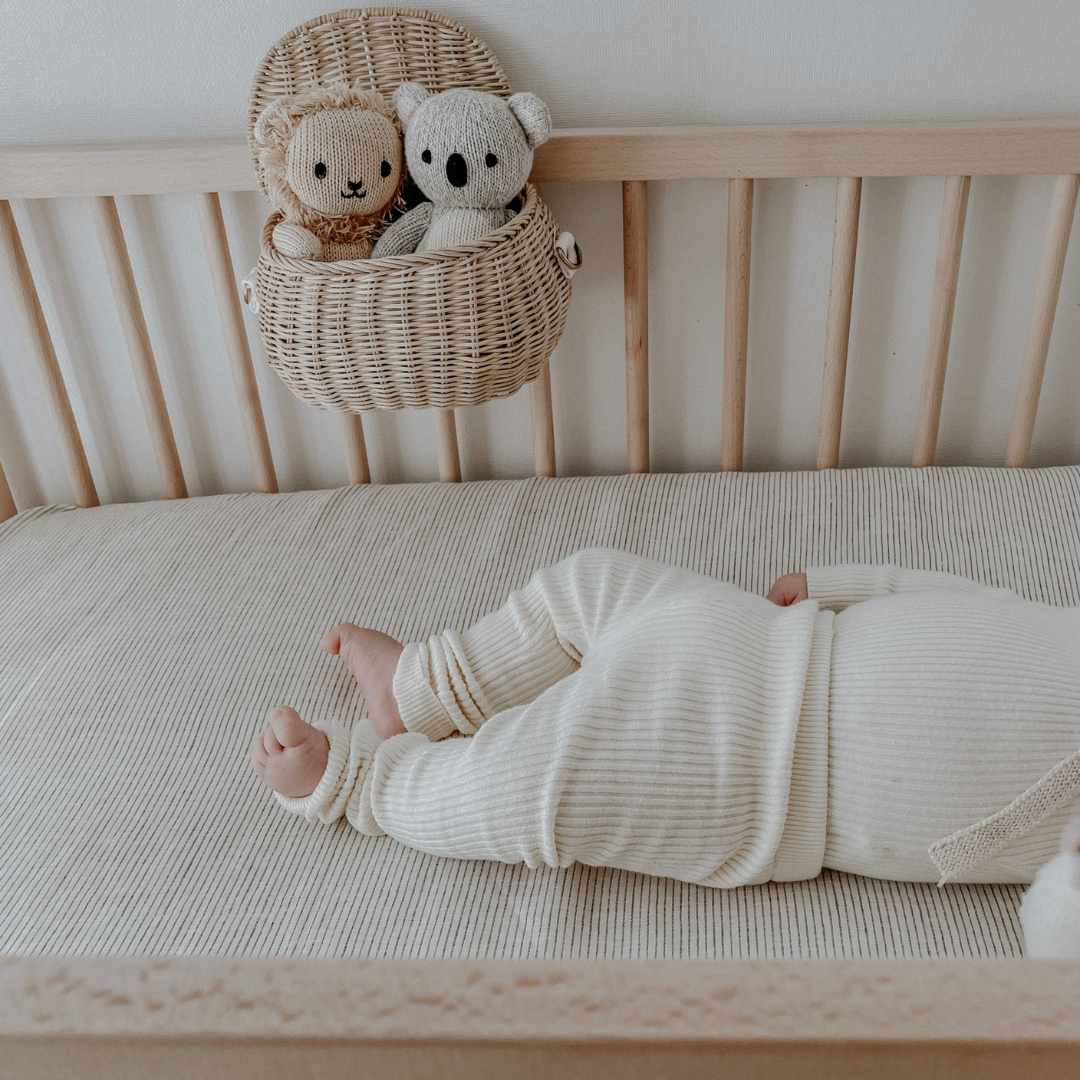French flax linen fitted cot sheet in Charcoal Pinstripe