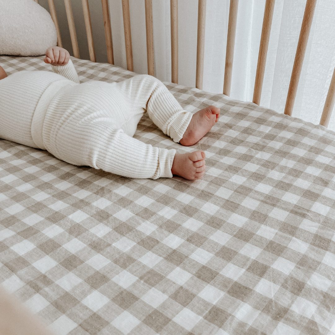 French flax linen fitted cot sheet in Natural Gingham detail view