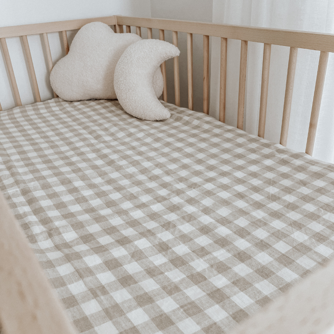 French flax linen fitted cot sheet in Natural Gingham side view
