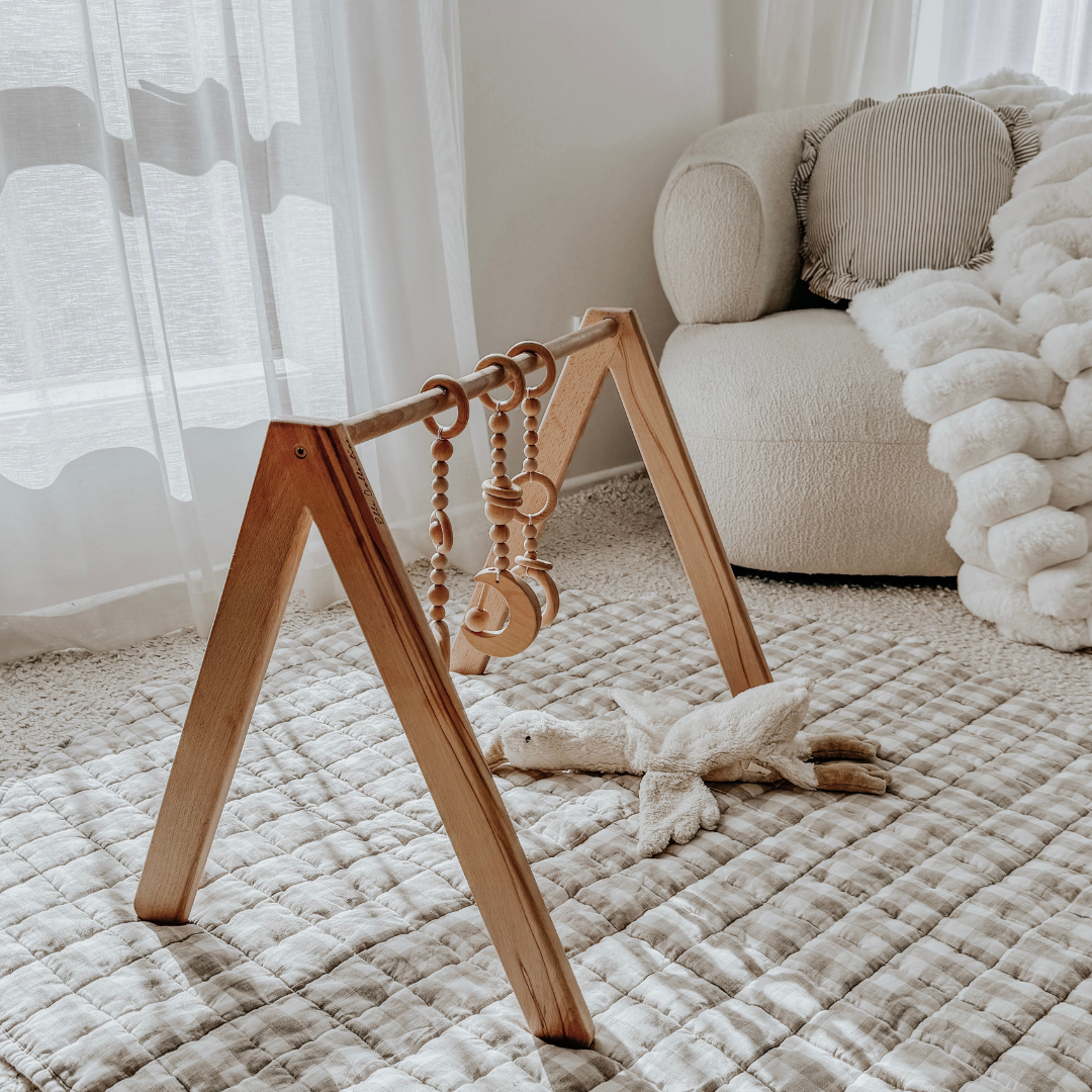 French flax linen playmat in Natural Gingham side view