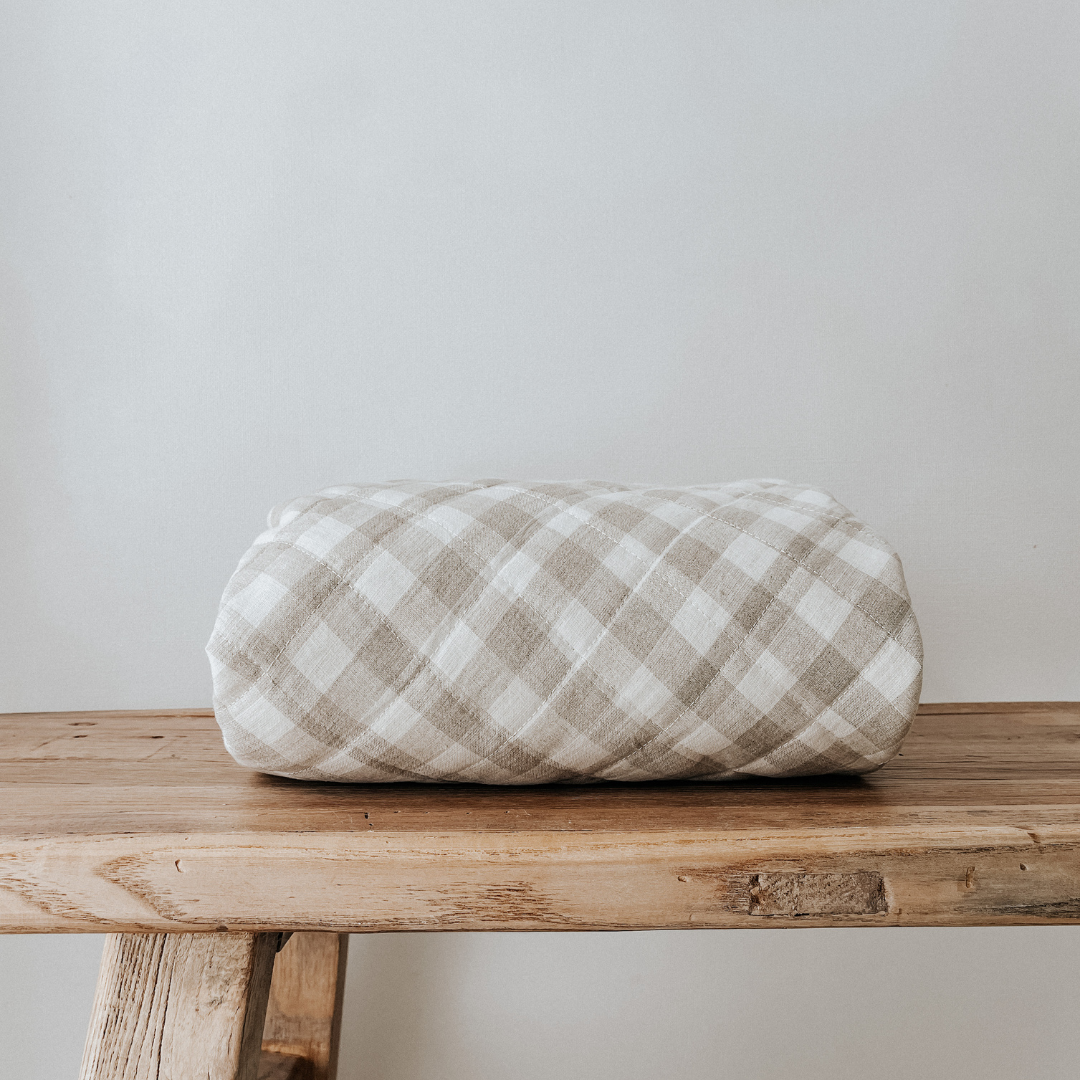 French flax linen playmat in Natural Gingham detail view