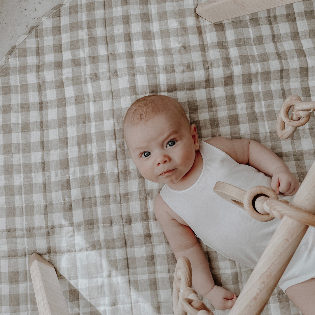 French flax linen playmat in Natural Gingham side view