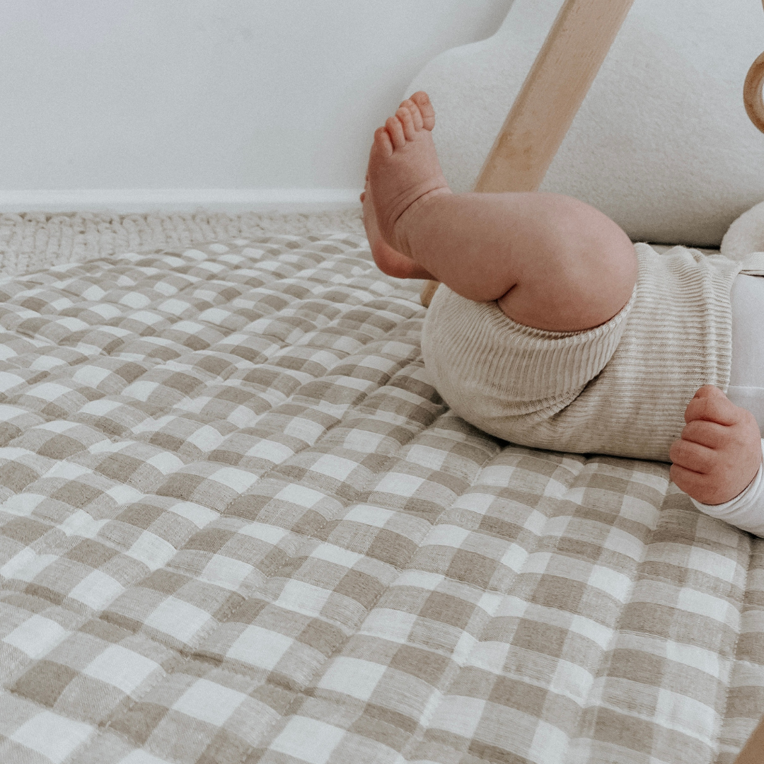 French flax linen playmat in Natural Gingham close-up of fabric