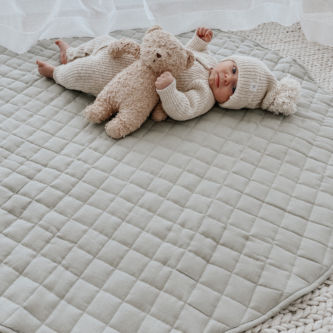 French flax linen playmat in Sage side view
