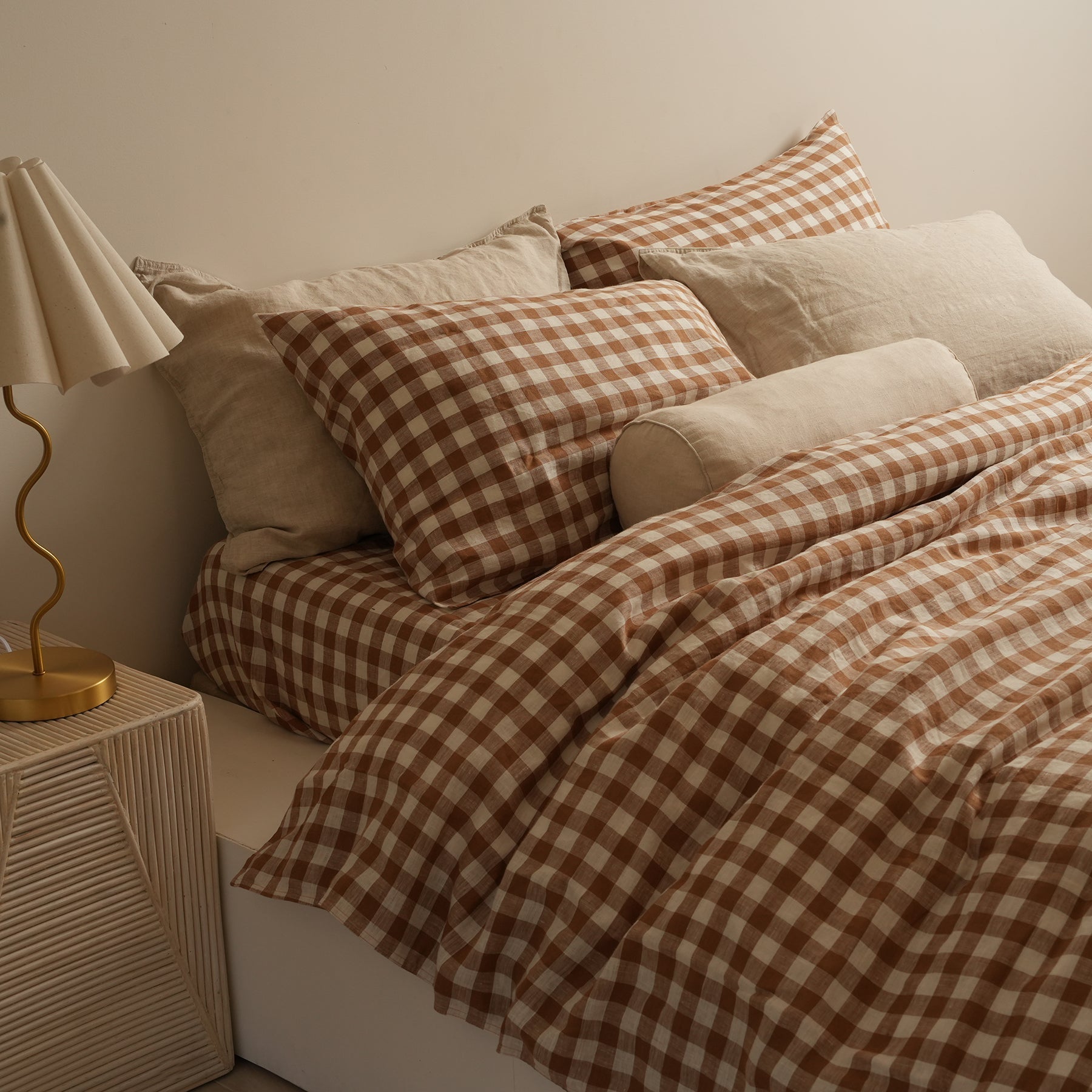 French flax linen reversible duvet cover set in Ginger Gingham detail view