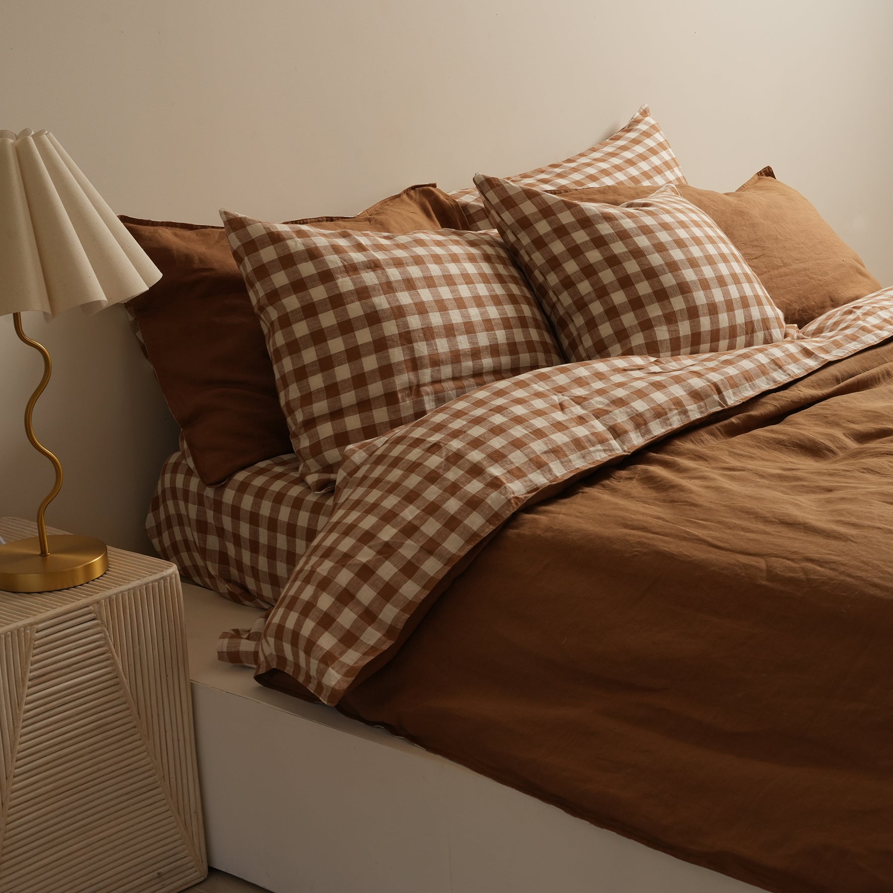 French flax linen reversible duvet cover set in Ginger Gingham close-up of fabric