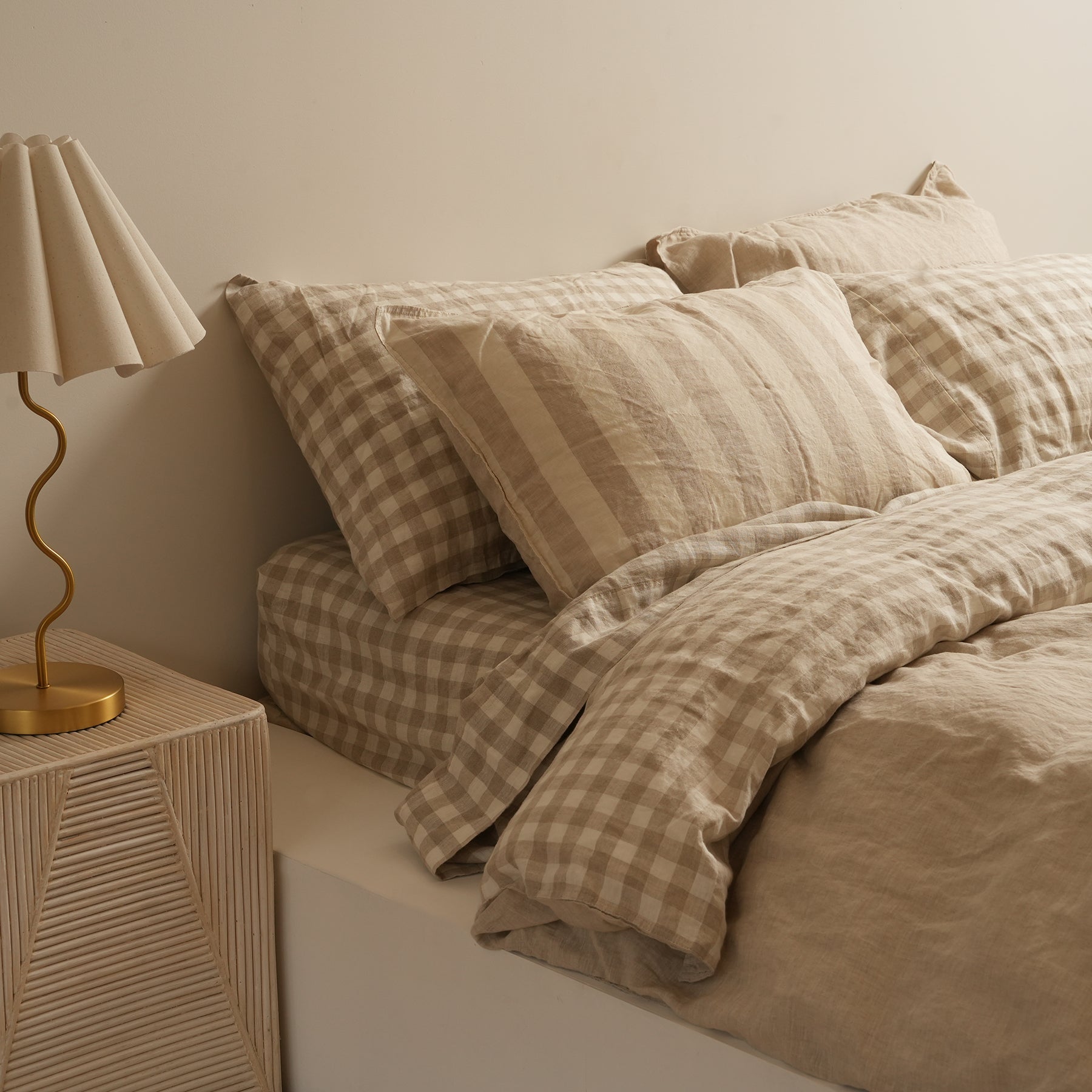 French flax linen reversible duvet cover set in Natural Gingham side view