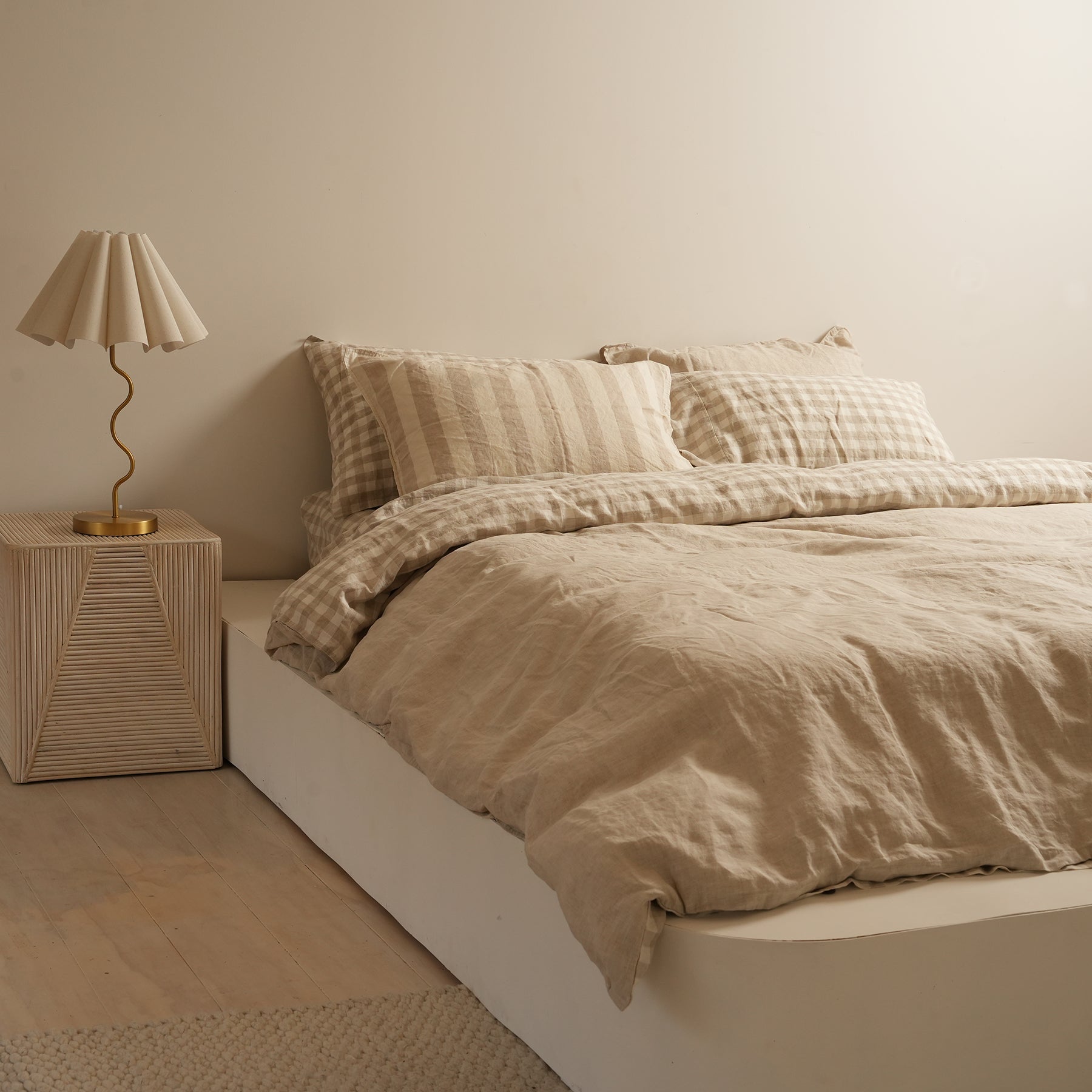 French flax linen reversible duvet cover set in Natural Gingham close-up of fabric