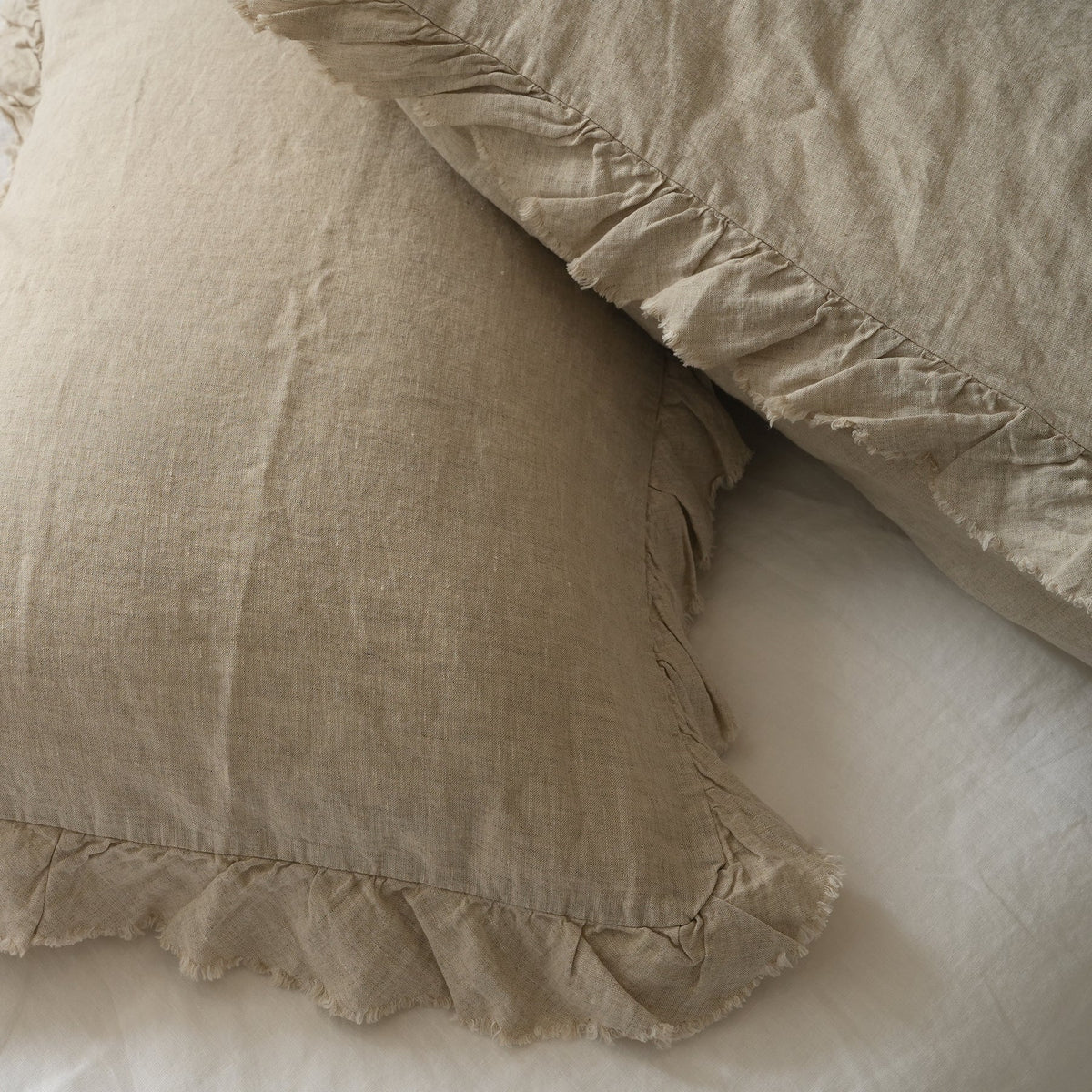 French flax linen ruffle edge pillowcase pair in Natural Oat side view