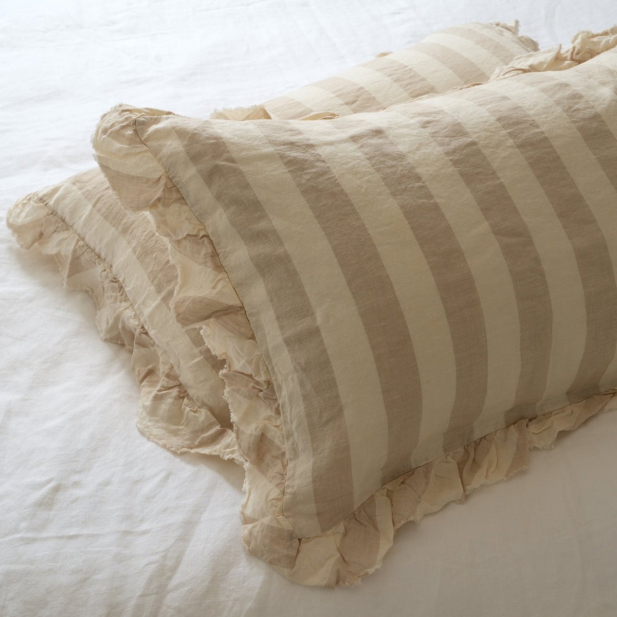 French flax linen ruffle edge pillowcase pair in Wide Natural Stripe