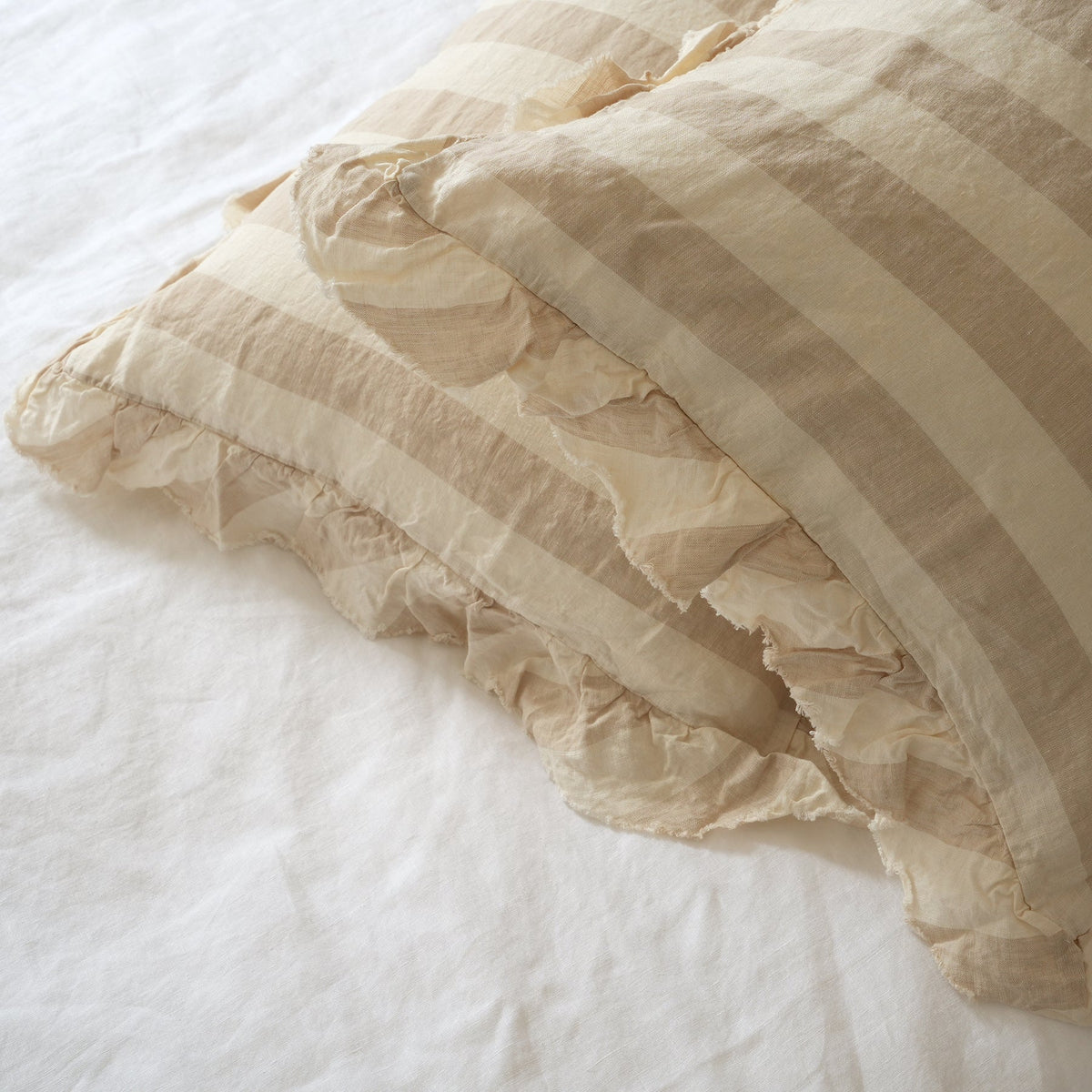 French flax linen ruffle edge pillowcase pair in Wide Natural Stripe detail view