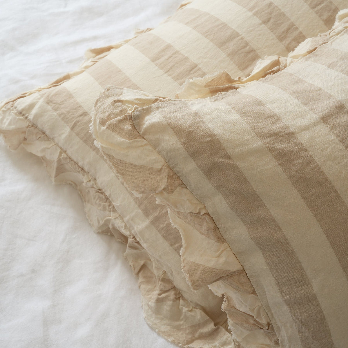 French flax linen ruffle edge pillowcase pair in Wide Natural Stripe side view