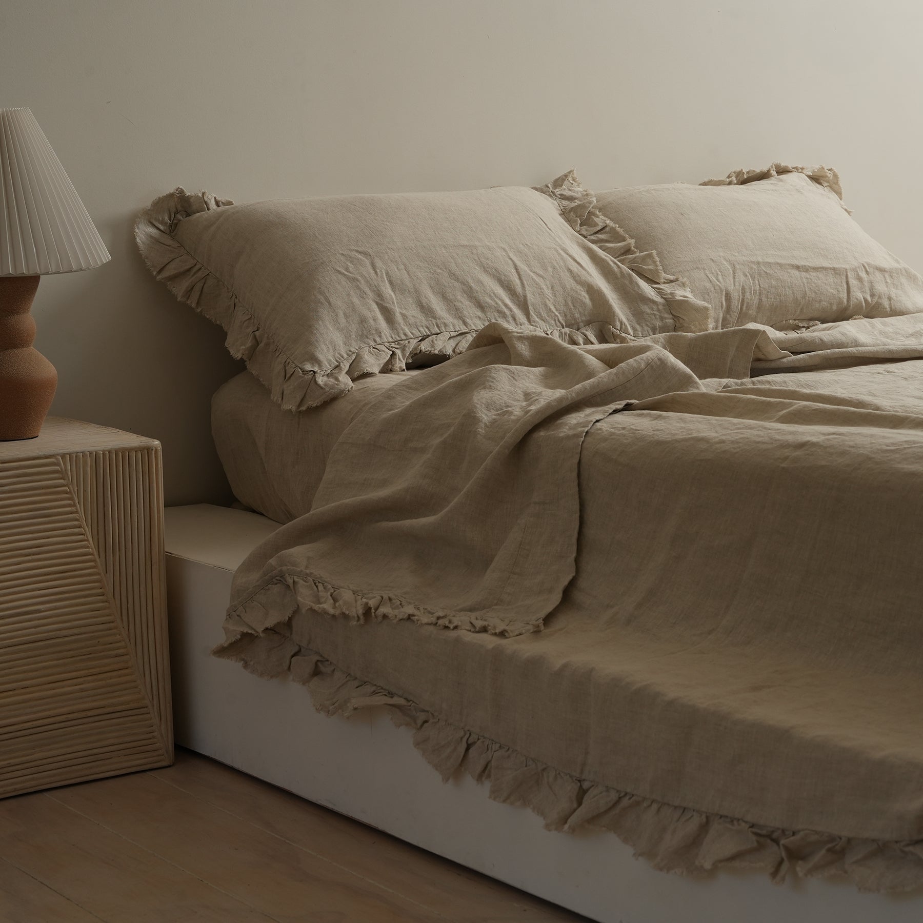 French flax linen ruffle edge sheet set in Natural Oat