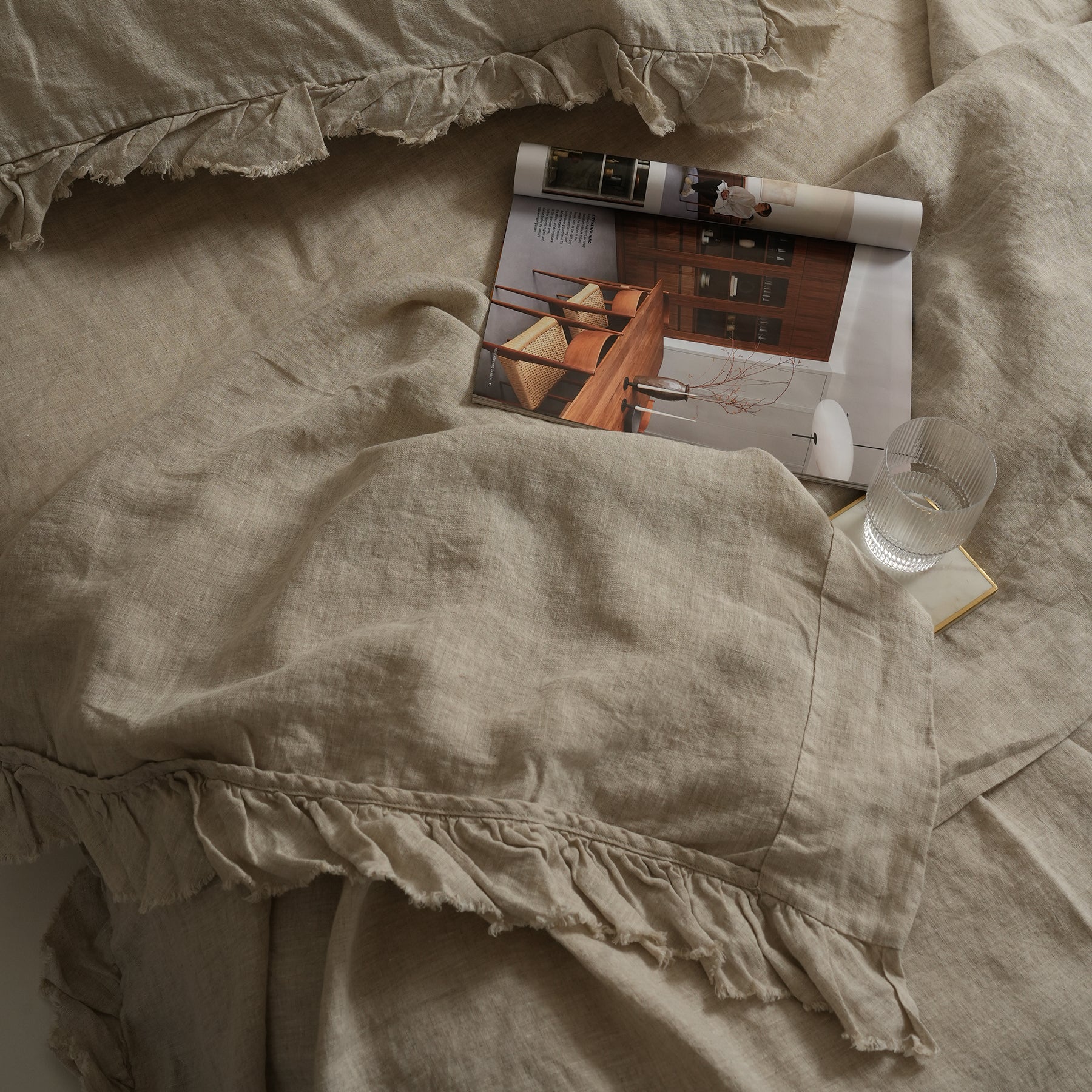 French flax linen ruffle edge sheet set in Natural Oat detail view