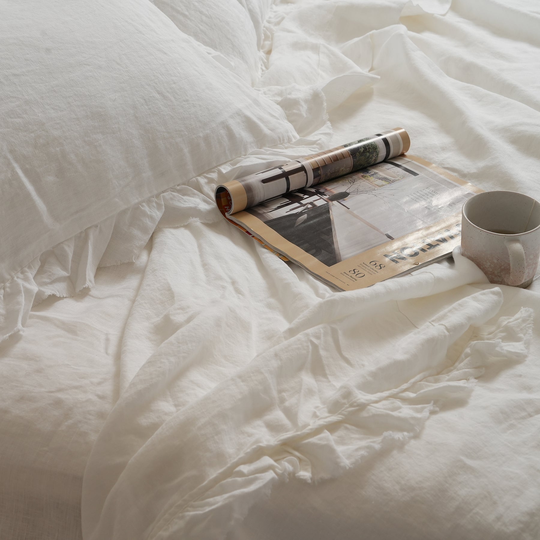 French flax linen ruffle edge sheet set in White detail view