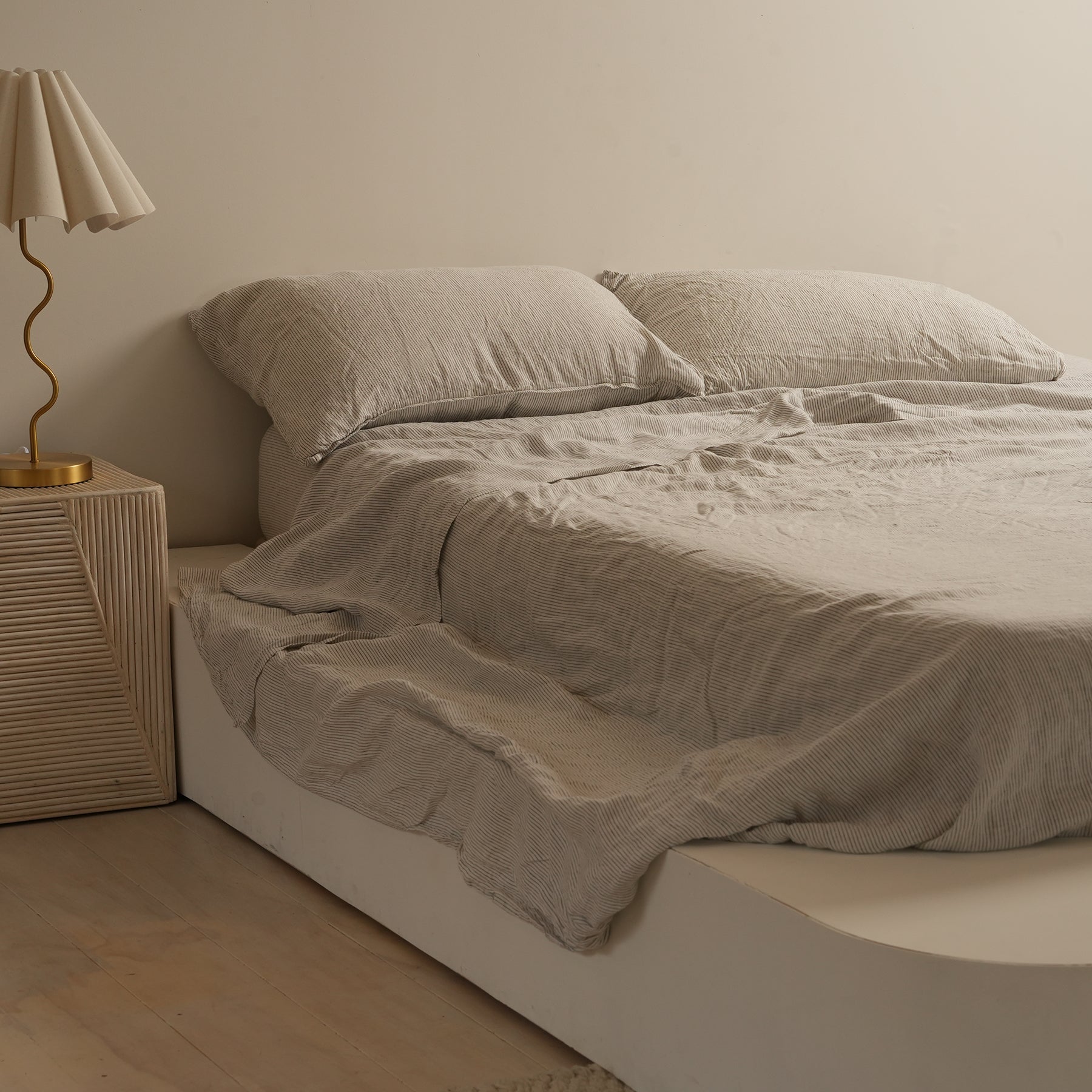French flax linen sheet set in Charcoal Pinstripe