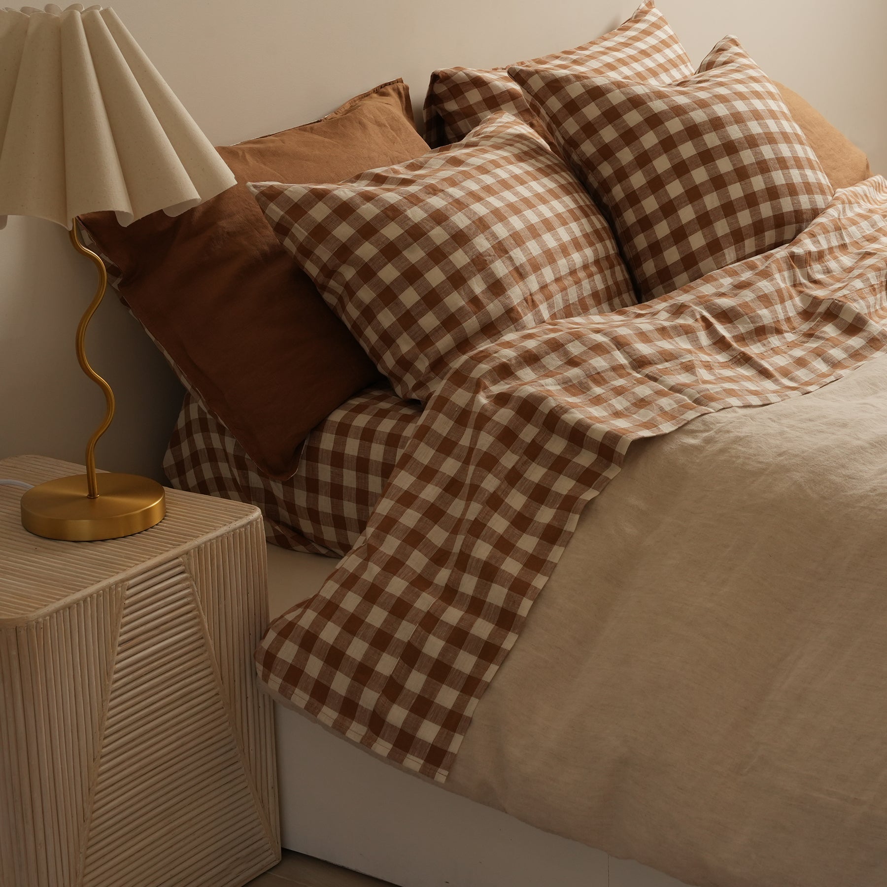 French flax linen sheet set in Ginger Gingham detail view
