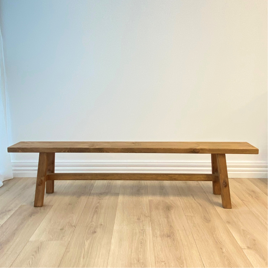 Long reclaimed wood bench in Natural detail view