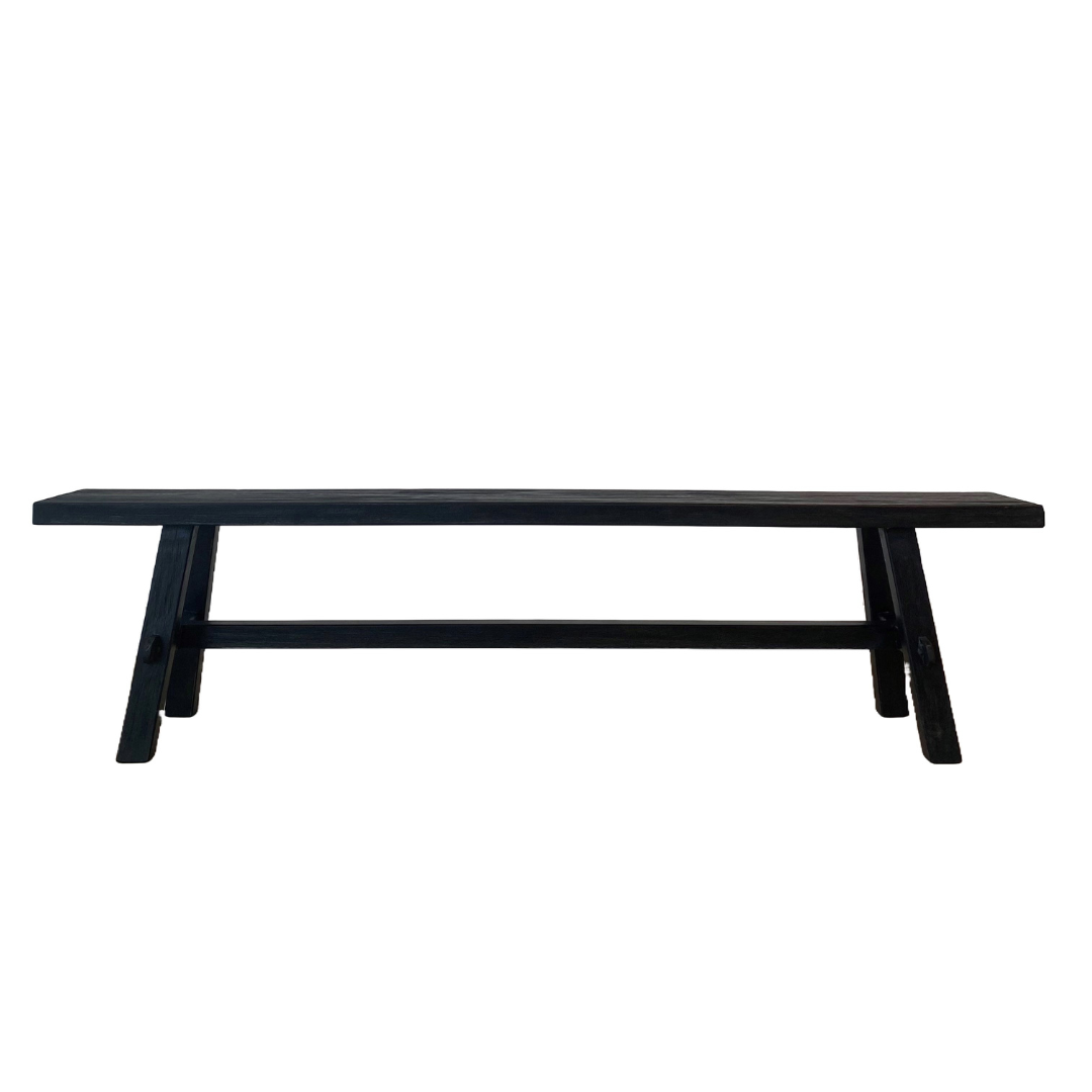 Long reclaimed wooden bench in Black detail view