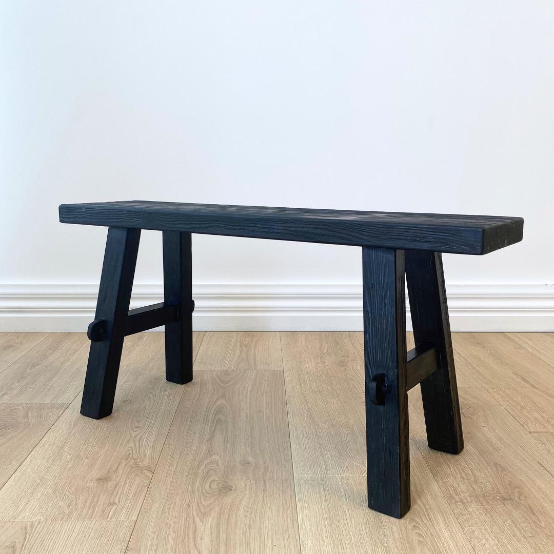 Medium reclaimed wood bench in Black side view