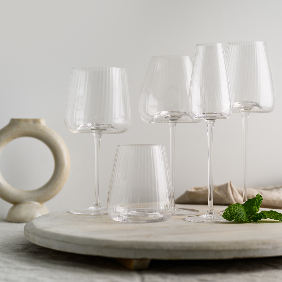 Melted crystal stemless glass in set of 4, side view