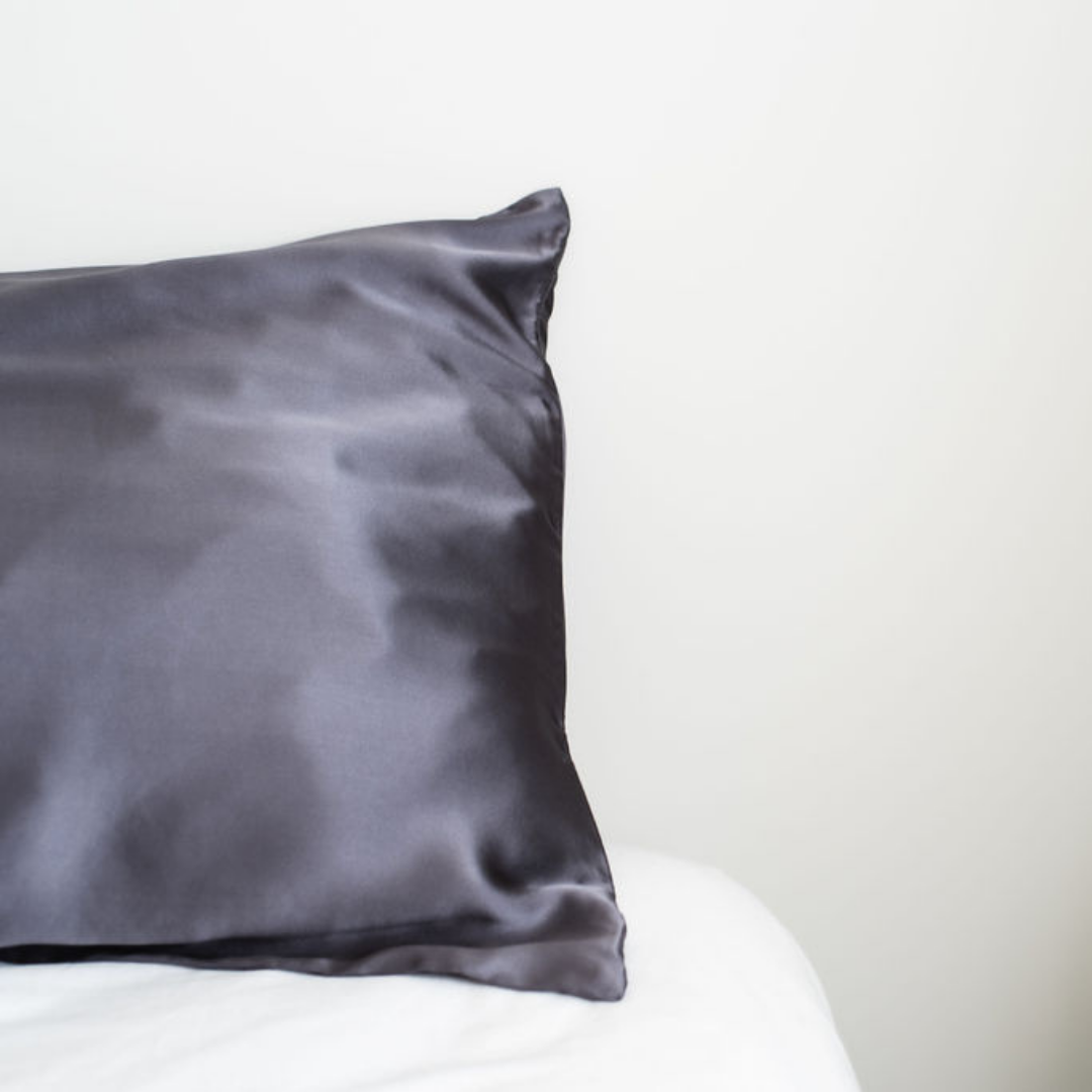 Pure silk pillowcase in Charcoal side view