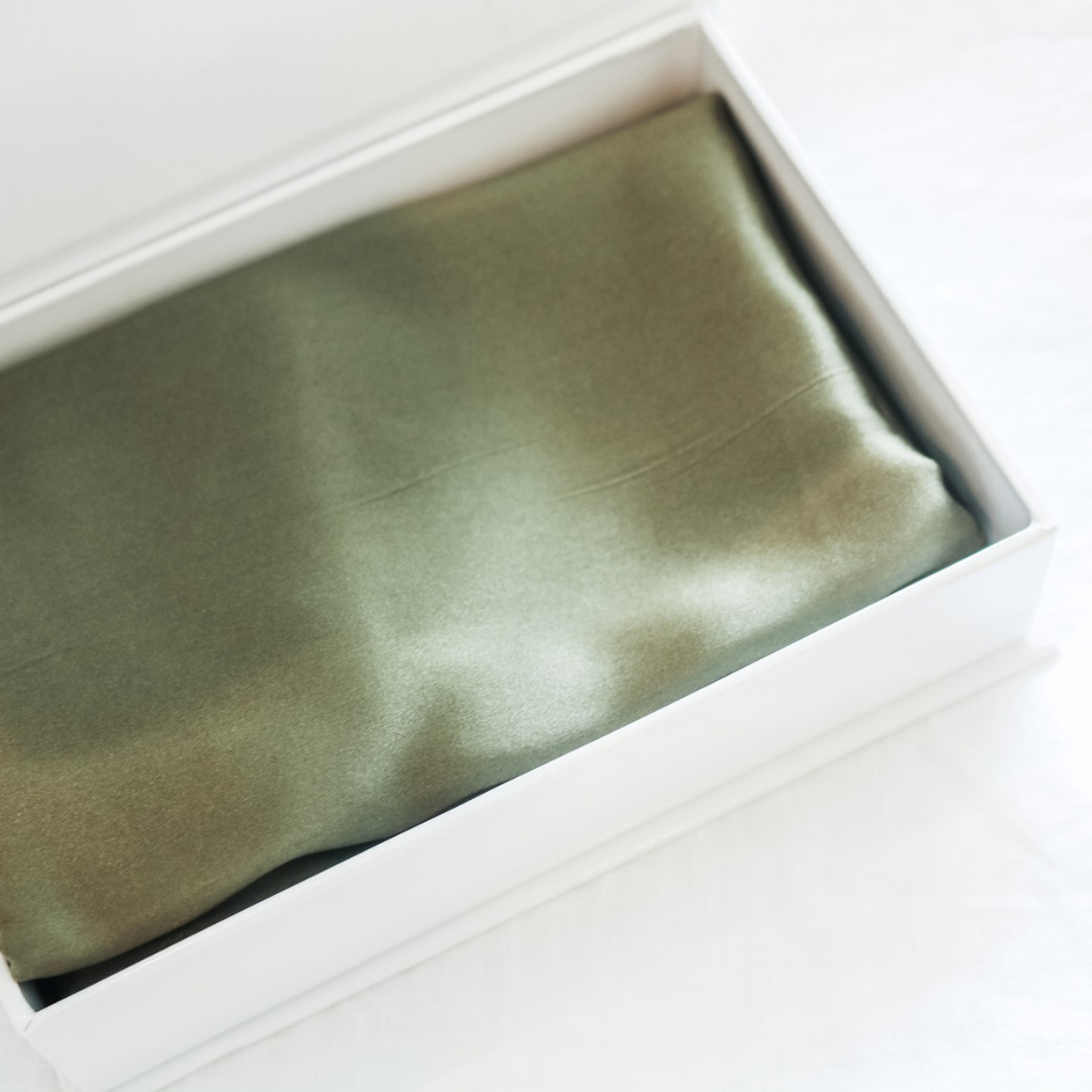 Pure silk pillowcase in Olive side view