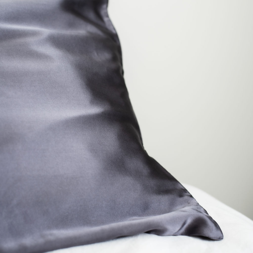 Pure silk pillowcase pair in Charcoal detail view