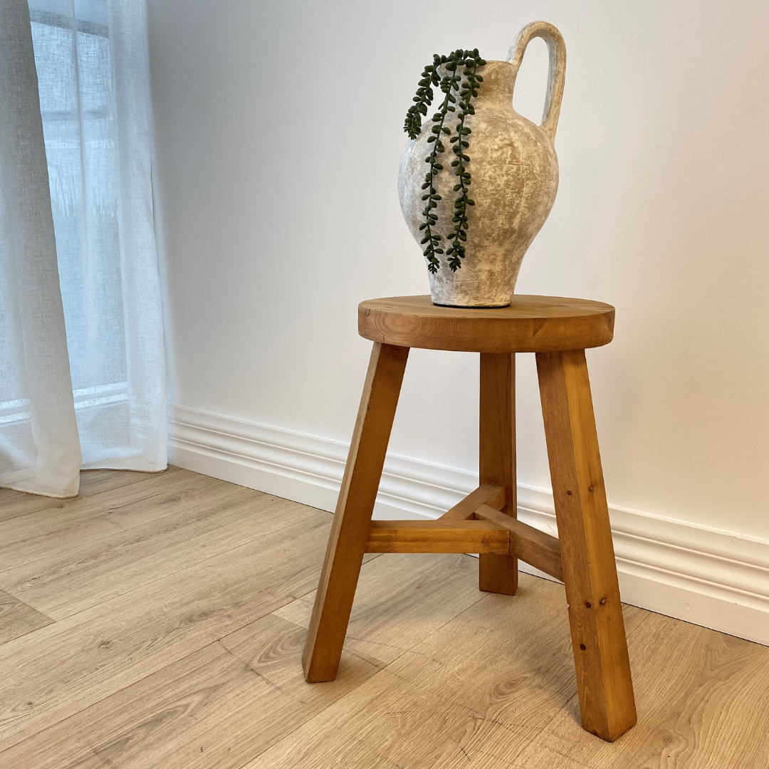 Reclaimed wooden tripod stool in Natural detail view