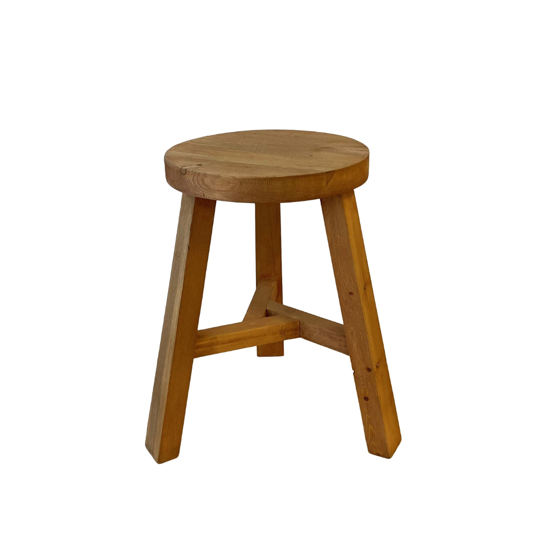 Reclaimed wooden tripod stool in Natural side view