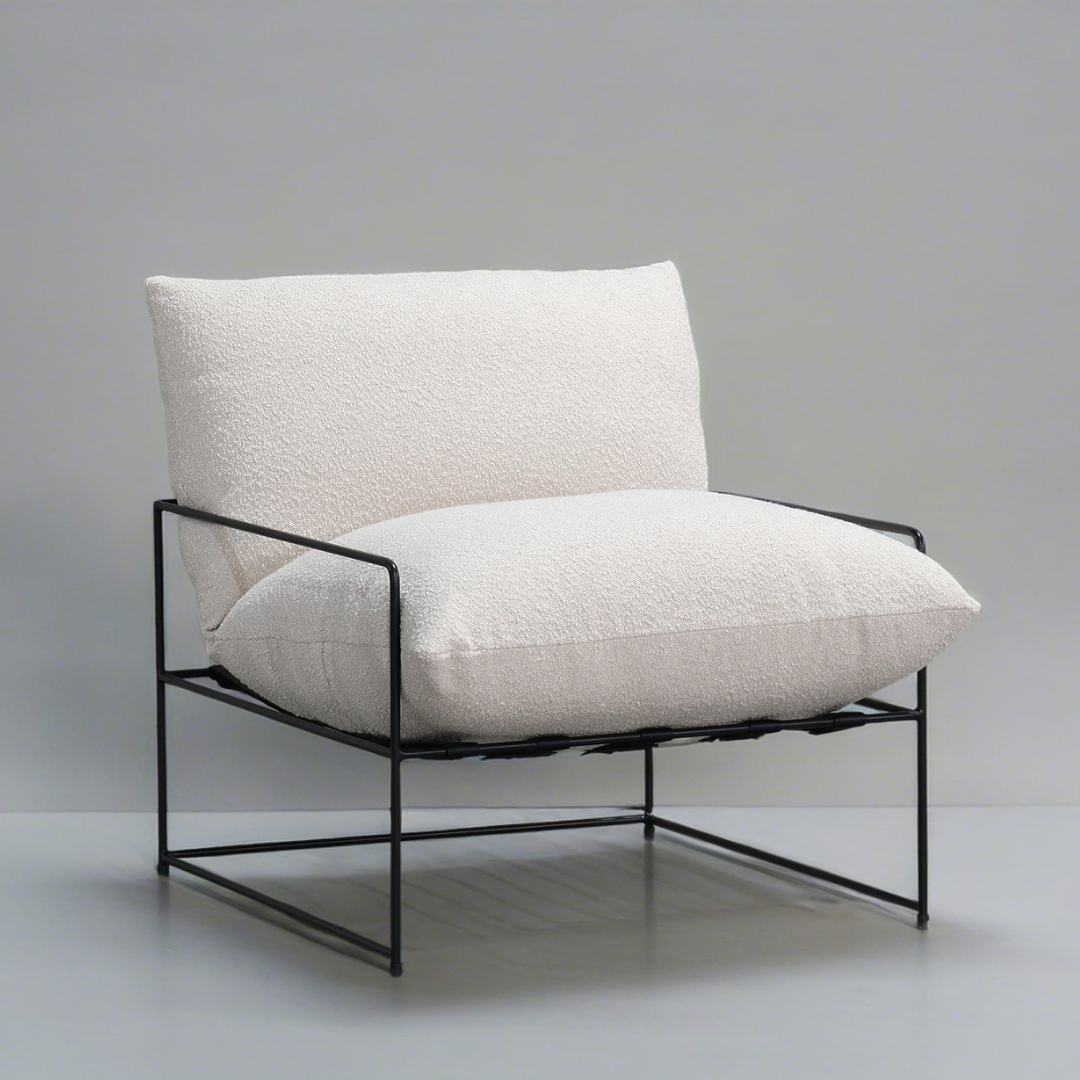 Sammie boucle sling chair in beige, detail view