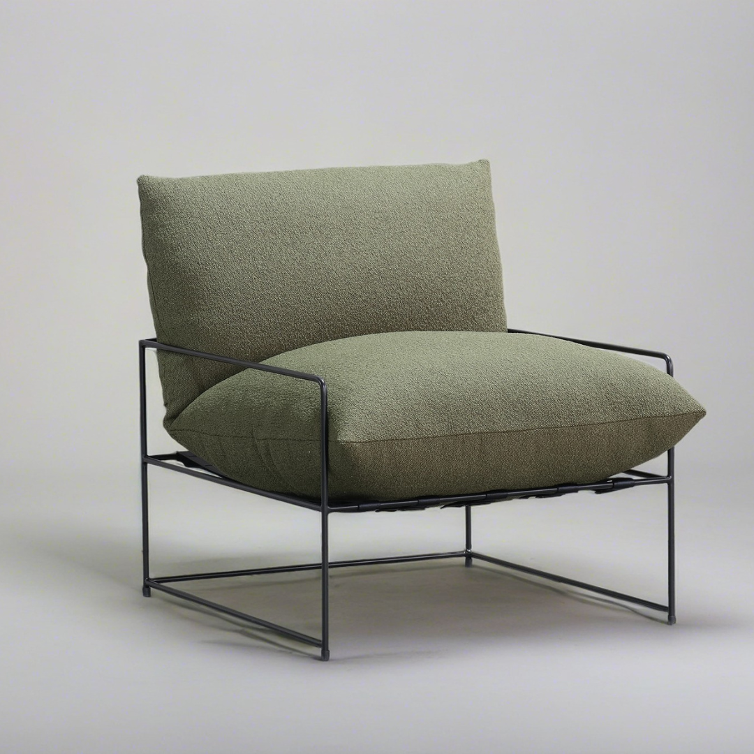 Sammie boucle sling chair in olive, detail view