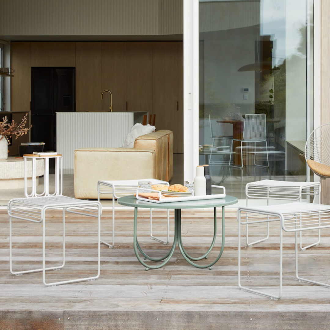 Stainless steel rotoiti table in sage, detail view
