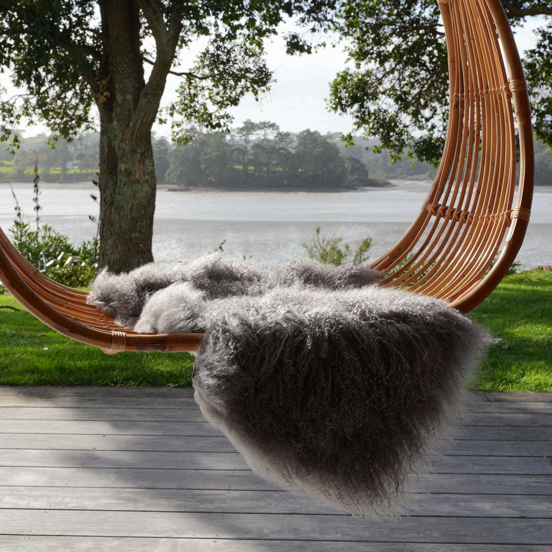 Tibetan lambskin rug in Charcoal side view