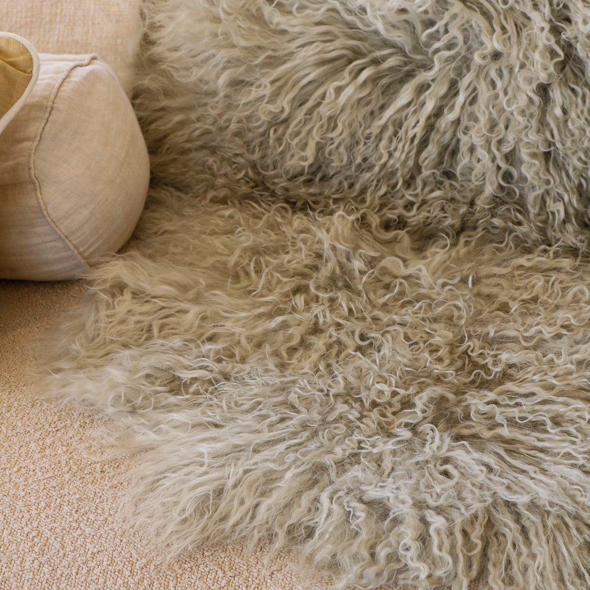 Tibetan lambskin rug in Fawn, long curly lambswool pile, detail view