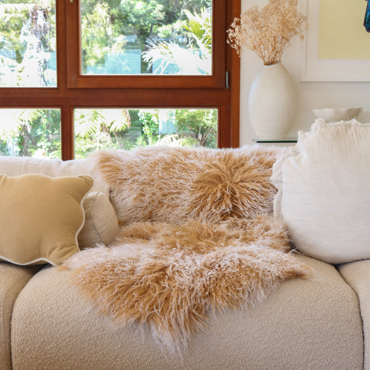 Tibetan lambskin rug in Light Caramel with tips, long curly lambswool pile, detail view