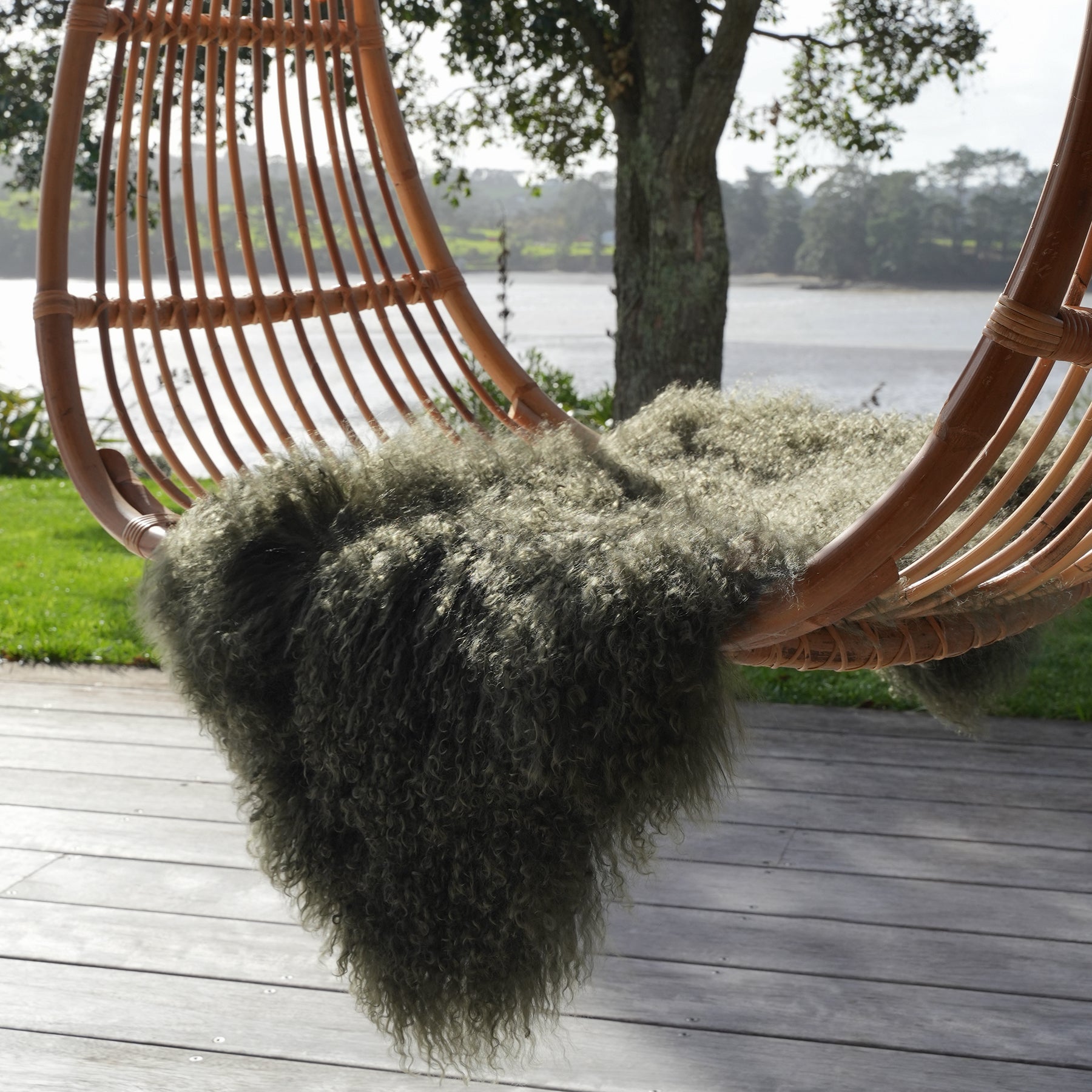 Tibetan lambskin rug in Olive detail view