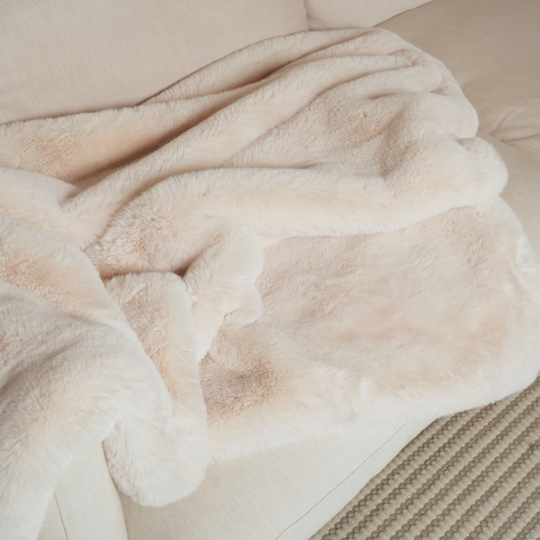 Vegan fur throw in big bear cream, close-up
